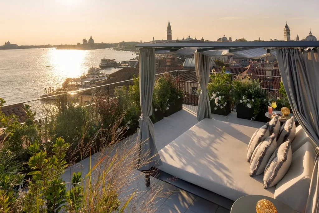 Rooftop terrace with lagoon view at Hotel Gabrielli Venice