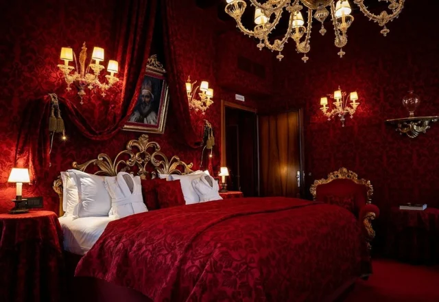 Romantic luxury room with rich red velvet décor, ornate gold furnishings and chandelier, Ca’ Maria Adele, Venice