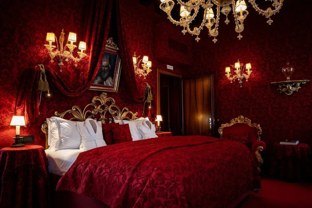 Dramatic red guest room with Venetian-style décor, ornate gold details and chandelier at Ca Maria Adele in Venice.