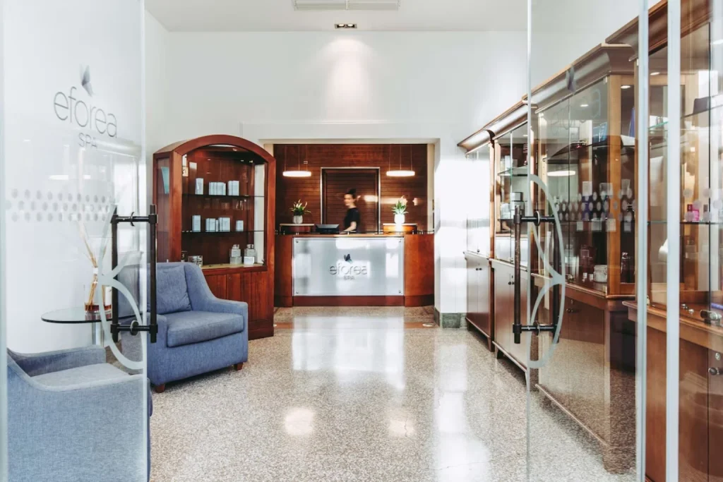 Bright and contemporary Eforea Spa reception area at Hilton Molino Stucky Venice.